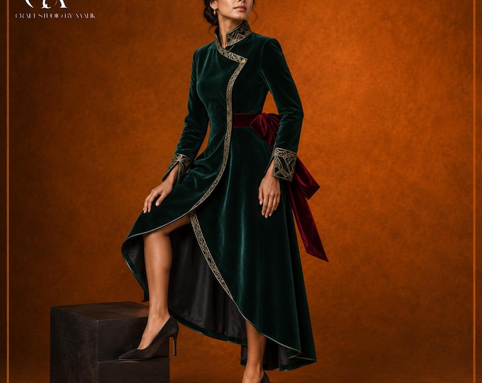 Emerald Velvet Christmas Coat Dress, Gold Embroidered High-Low Outfit