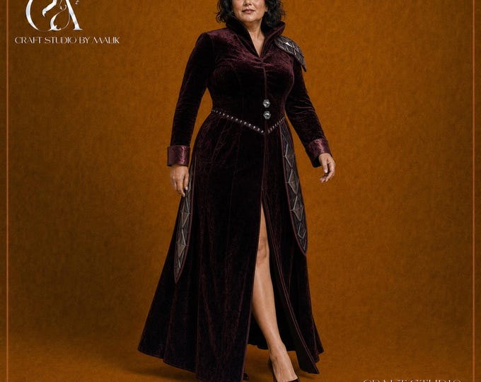 Black Cherry Velvet Coat Dress, Detachable Prism Panels, Made to Measure Formal wear