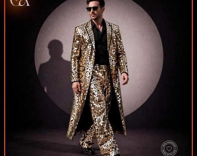 Handmade Mosaic Men's Long Coat Suit, Gold Mirror Work