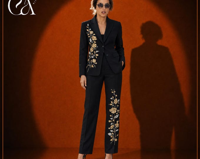 Black Embroidered Pantsuit for Women