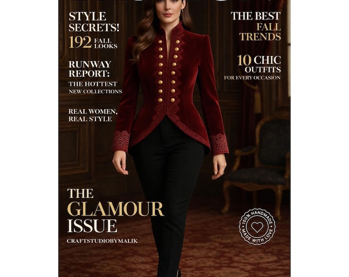 Handmade Burgundy Velvet Military Jacket: Women's Gold Button Coat