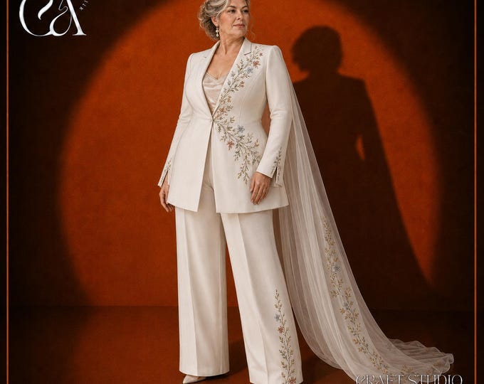 Botanical Embroidered Bridal Pantsuit with Detachable Cape, Custom Ivory Wedding Suit