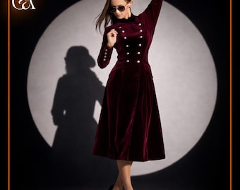 Burgundy Velvet Long Coat for Women Vintage Military Winter Jacket
