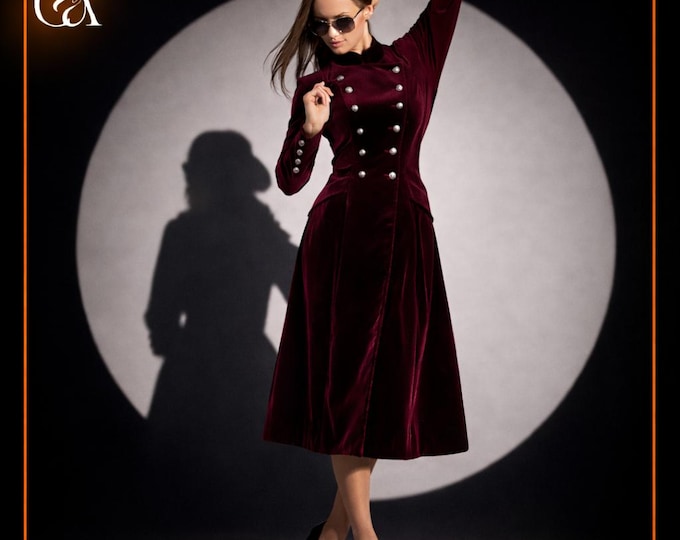Burgundy Velvet Long Coat for Women Vintage Military Winter Jacket