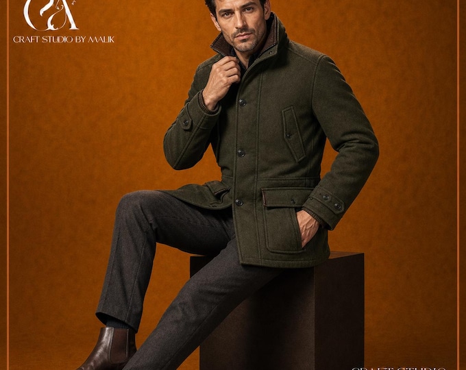 Men’s Olive Wool Field Jacket with Detachable Hood