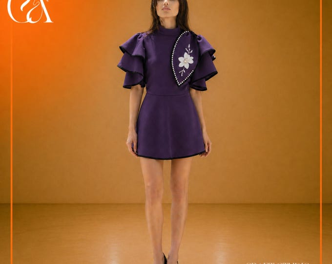 Purple Ruffle Mini Dress for Wedding Guest & Bridesmaid