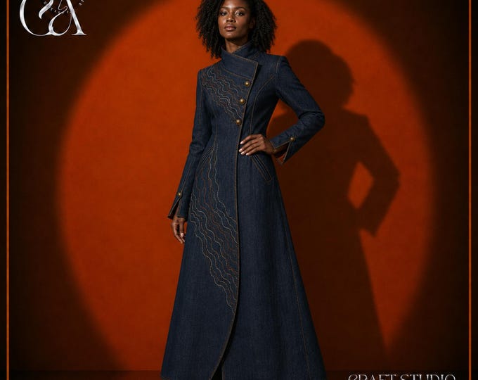 Custom Embroidered Denim Coat, Women’s Long Indigo Statement Coat