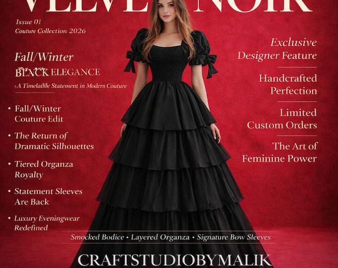 Black Organza Ball Gown, Puff Sleeve Gothic Dress