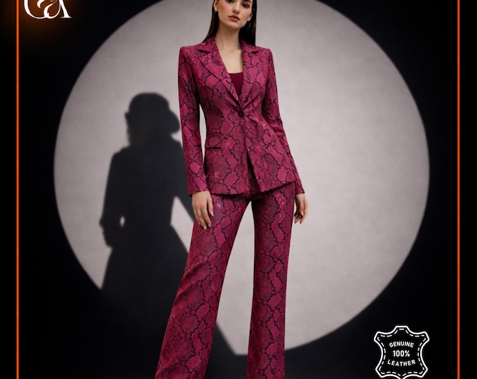 Snakeskin Print Leather Coat & Pants Set - Custom Women's Outfit