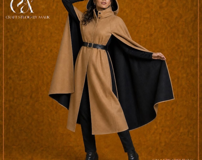 Reversible Hooded Cape Coat, Camel & Black Wool Blend, Detachable Hood, Belted Made to Measure Winter Coat