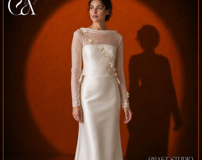Ivory Organza Bridal Bolero with Pearl Floral Embroidery, Custom Wedding Dress Cover-Up