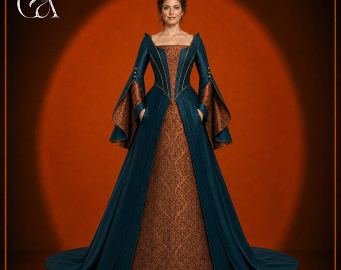 Teal Renaissance Gown, Custom Medieval Noblewoman Dress, Fantasy Wedding Costume