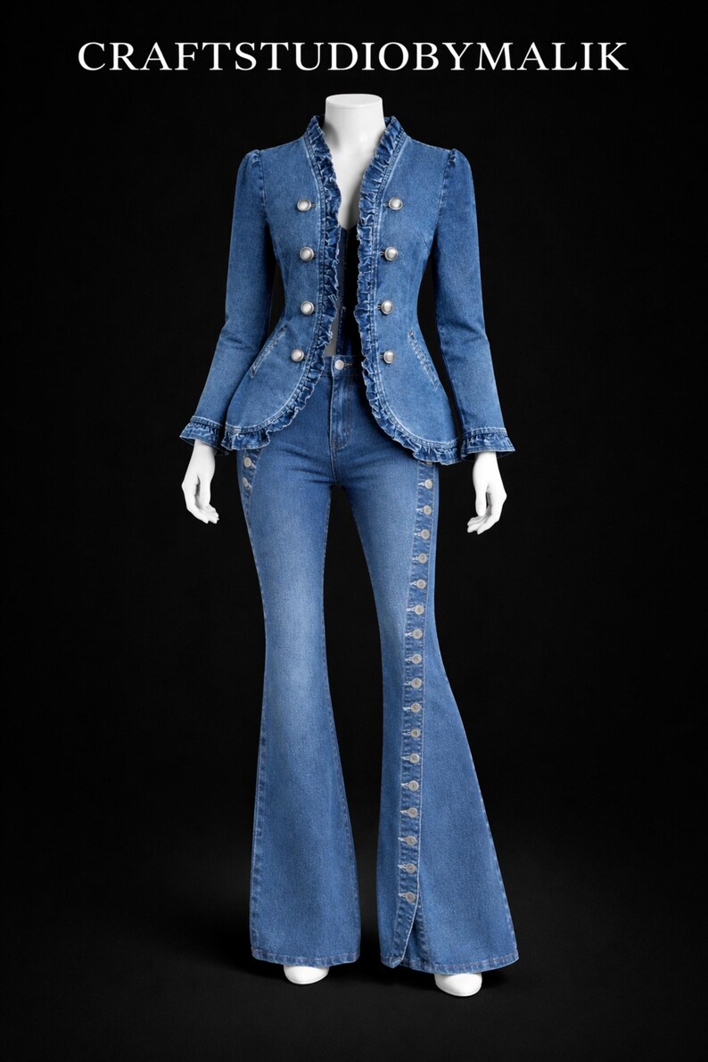 May include: A denim jacket and flared jeans set. The jacket has a ruffled collar and silver buttons. The jeans have a button detail down the side. The text "CRAFTSTUDIOBYMALIK" is at the top.
