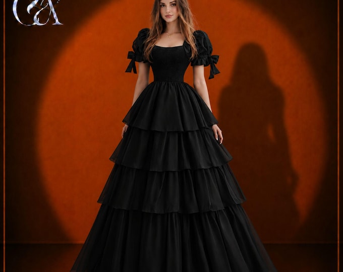Black Organza Ball Gown, Puff Sleeve Gothic Dress