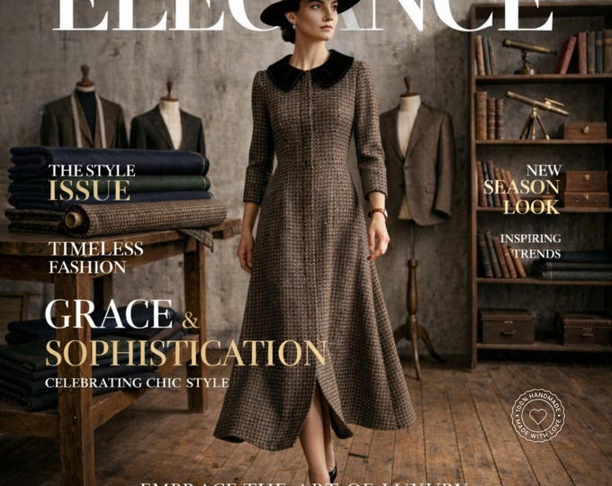 Vintage Tweed Houndstooth Midi Dress, 1940s Style Women Dress