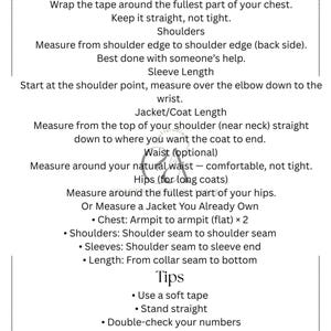 Peut inclure: Une page blanche avec du texte noir expliquant comment prendre des mesures corporelles pour les v&ecirc;tements. Les instructions incluent la mesure de la poitrine, des &eacute;paules, de la longueur des manches et de la longueur de la veste. Des conseils sont &eacute;galement donn&eacute;s.