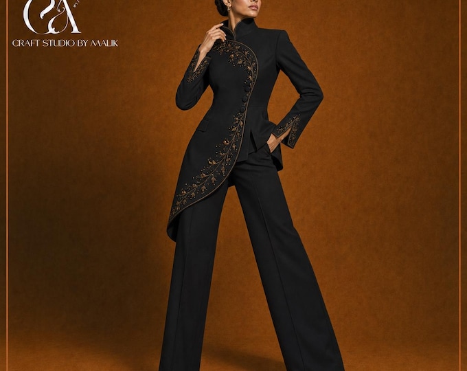 Black Embroidered Women’s Pantsuit with Asymmetric Blazer and Wide-Leg Trousers