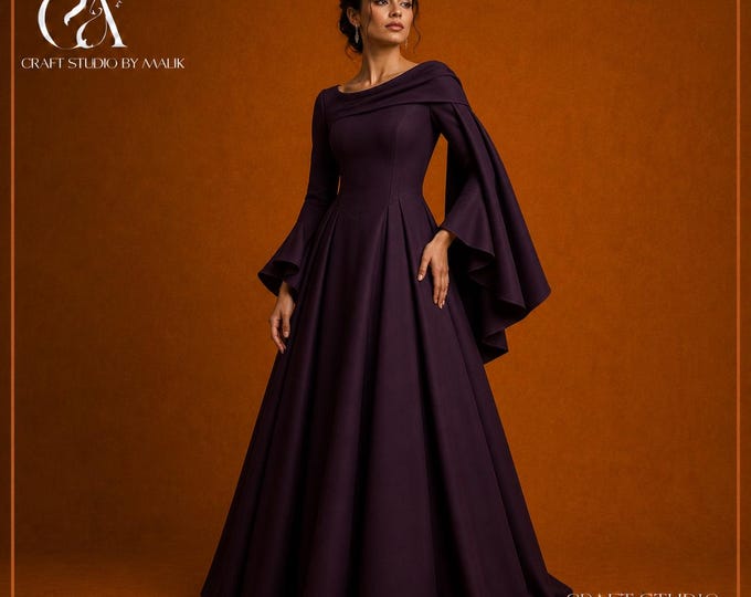 Purple Fantasy Gown, Handmade Medieval Wedding Dress with Draped Sleeves