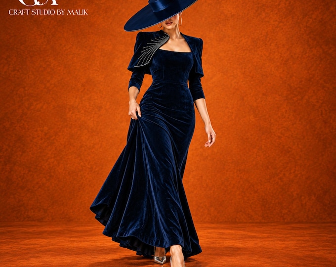 Navy Velvet Evening Dress with Embroidered Capelet, Made to Order