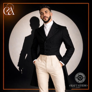 May include: A black double-breasted tailcoat with a high collar, paired with cream-colored trousers. The coat has a long, flowing back and is worn over a white collared shirt. The image includes the text "Craft Studio by Malik."