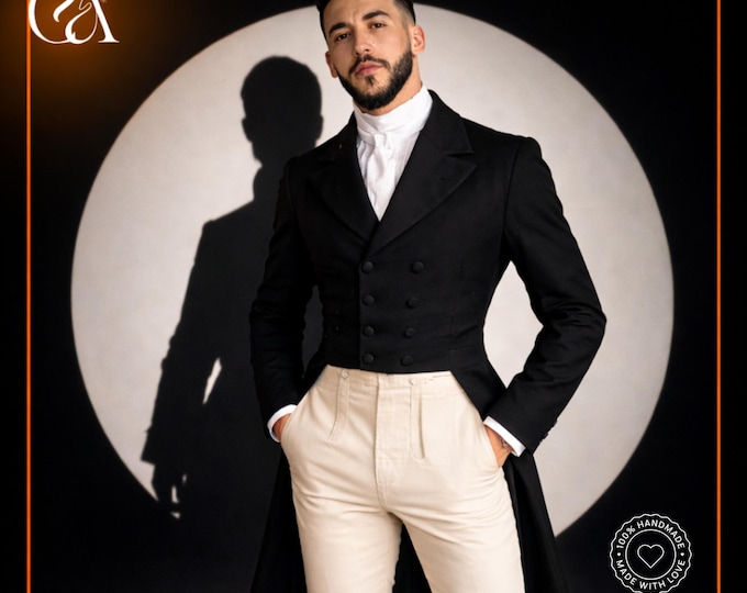 Handmade Black Regency Tailcoat: Historical Victorian Gentleman Jacket
