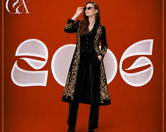 May include: A black velvet long coat featuring intricate gold floral embroidery along the front panels and cuffs, worn over a matching black waistcoat and trousers. The ensemble is set against a deep red background with large white stylised text.