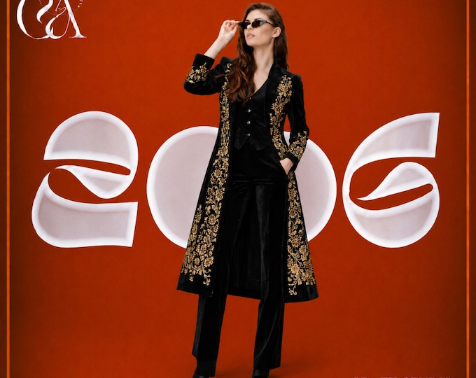 Black Velvet Embroidered Suit with Long Coat Vest and Pant