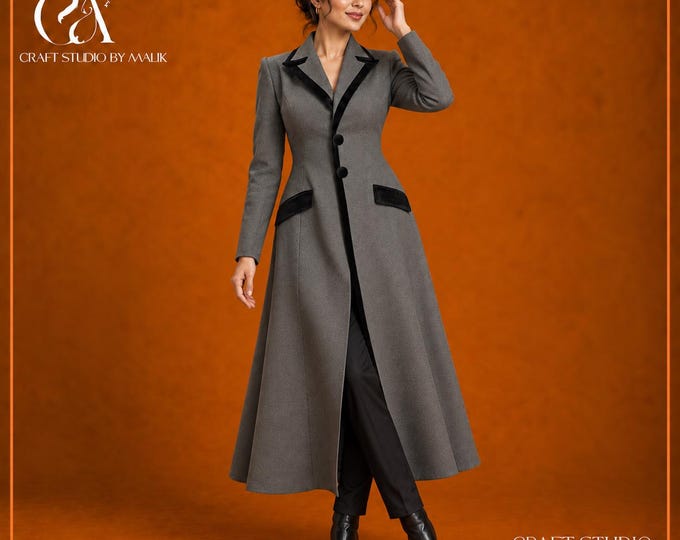 Women’s Grey Long Coat with Black Velvet Trim, Made to Order