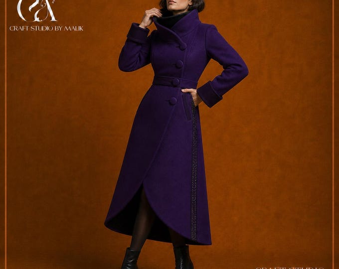Purple Wool Coat for Women, Asymmetric Funnel Neck Long Winter Coat