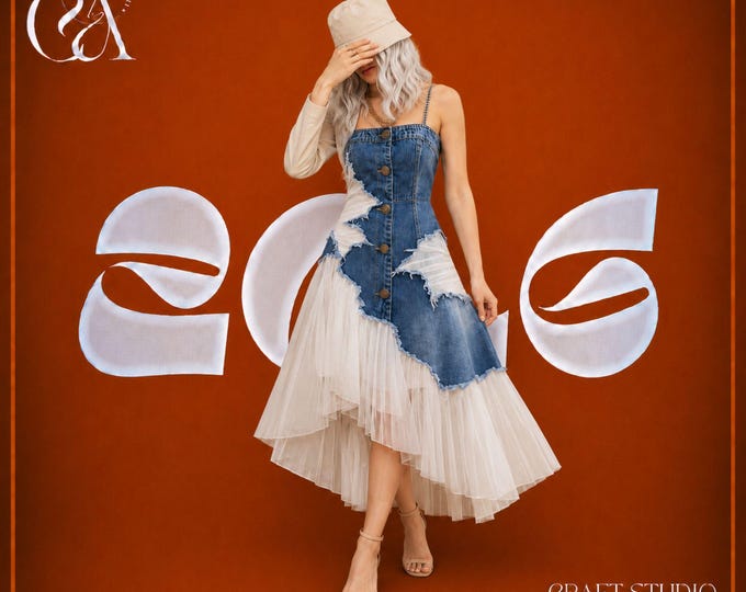 Women Denim Tulle Dress, Patchwork Jean Maxi Dress