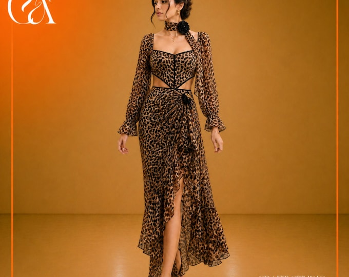 Leopard Print Maxi Dress, Corset Cut Out, Long Sleeve Evening Party Wear