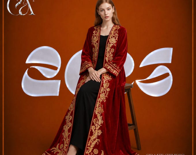 Velvet Embroidered Abaya, Handmade Custom Outerwear for Women, Formal Traditional Dress