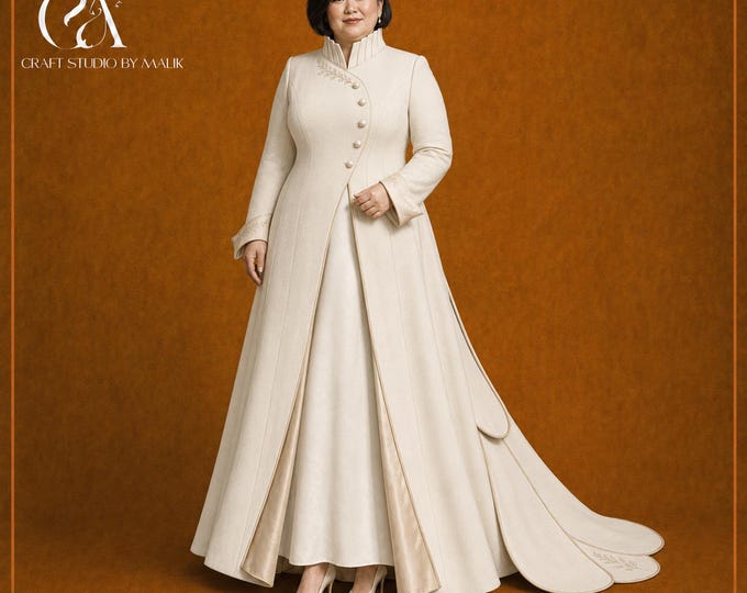 Ivory Bridal Coat Dress Set, Detachable Train, Custom Plus Size Winter Wedding Outfit