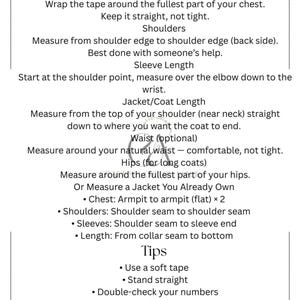 May include: A white document with black text detailing how to take body measurements for clothing. Instructions include measuring chest, shoulders, sleeve length, and jacket/coat length. Decorative floral elements frame the text.