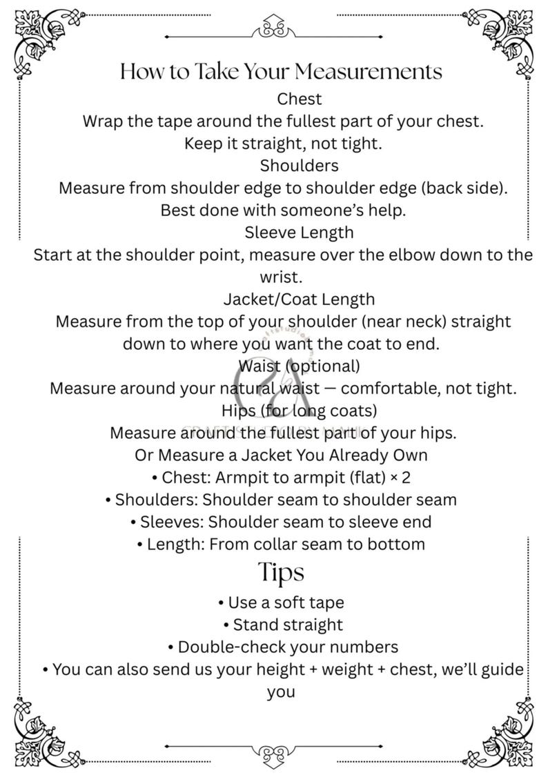 May include: A white document with black text detailing how to take body measurements for clothing. Instructions include measuring chest, shoulders, sleeve length, and jacket/coat length. Decorative floral elements frame the text.