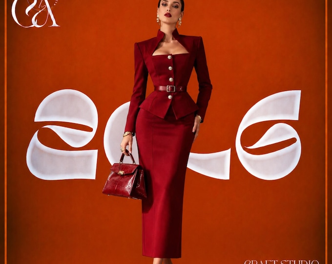 Maroon Skirt Suit Women, Elegant Peplum Blazer Set