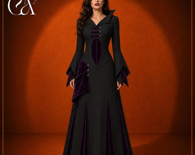 Custom Gothic Gown, Black and Purple Victorian Inspired Long Sleeve Dress