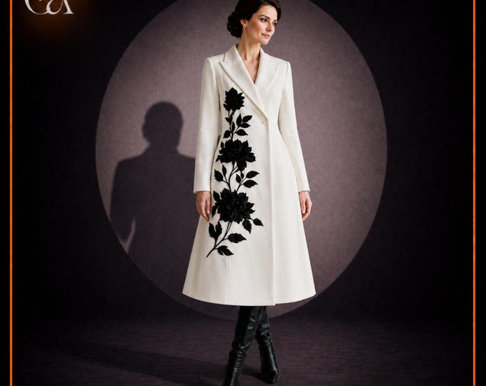 Women’s Handmade Wool Long Coat with Customised Embroidery