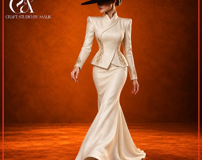 Ivory Bridal Skirt Suit with Gold Beading, Tailored Jacket and Long Skirt