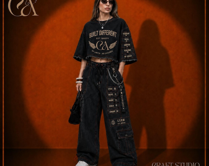 Black Denim Street wear Set, Oversized Cropped T-Shirt, Wide Leg Cargo Pants