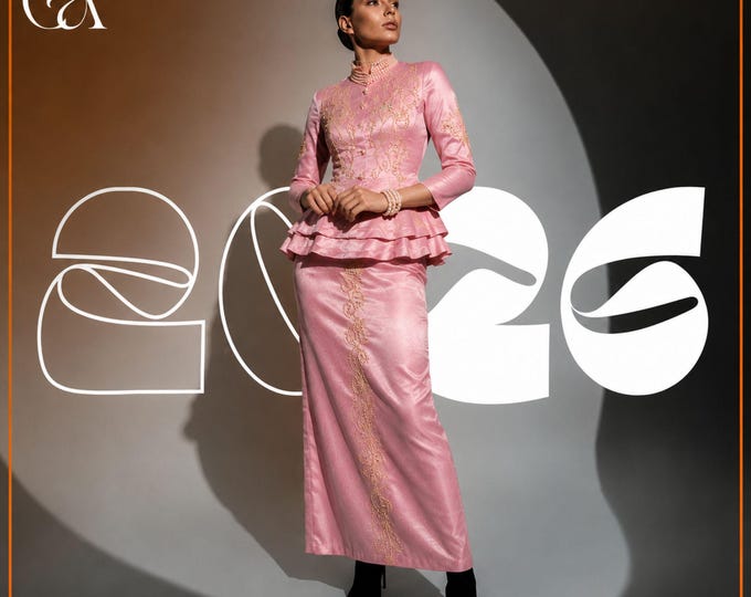 Pink Pearl Peplum Dress, Luxury Handmade Evening Gown