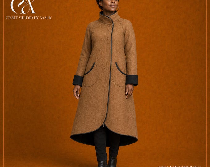 Reversible Women’s Coat, Camel Wool Blend, Black Gabardine, Custom Plus Size Winter Overcoat