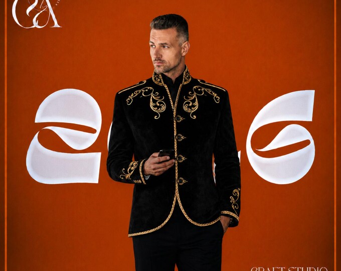 Black Velvet Prince Coat Men, Royal Maharaja Jacket