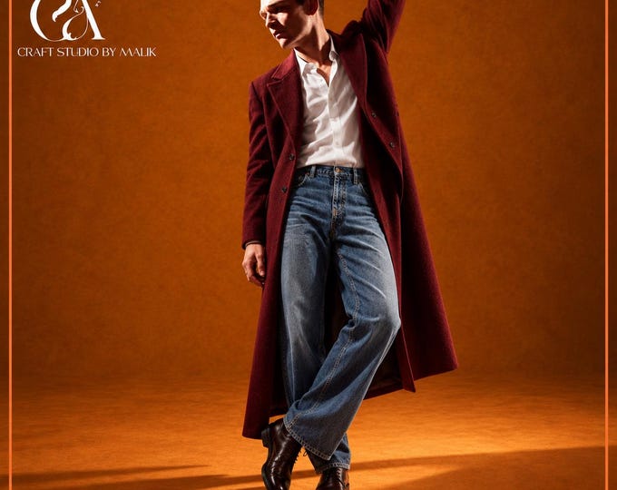Men’s Burgundy Long Coat with Hand-Embroidered Falcon