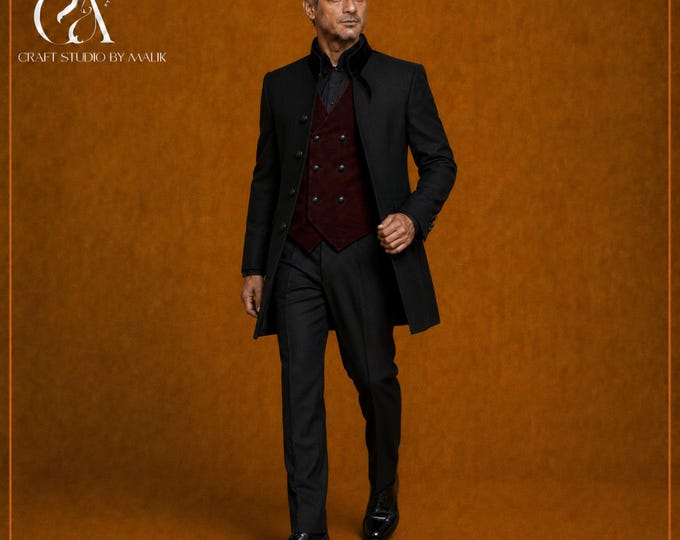 Men’s Gothic Wedding Suit, Black Three-Piece Masquerade Groom Outfit