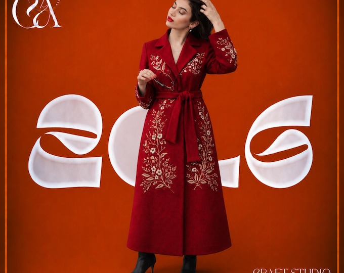 Red Wool Embroidered Coat, Handmade Floral Coat