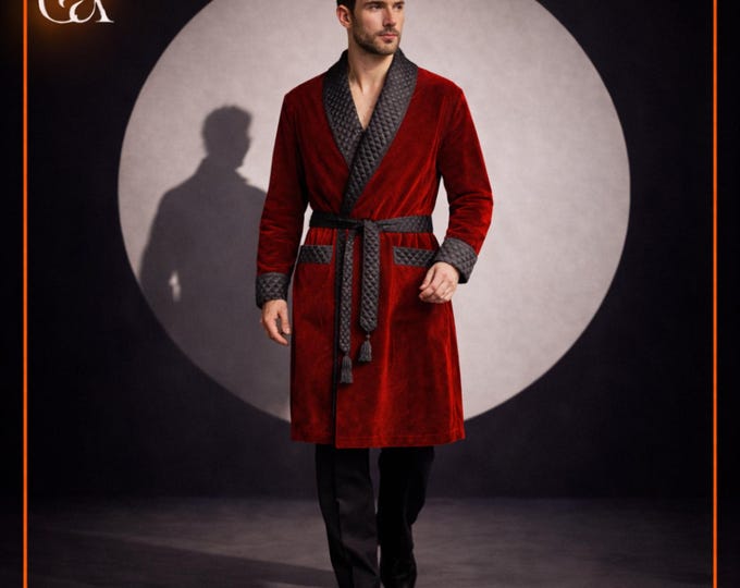 Handmade Red Velvet Smoking Robe with Quilted Collar