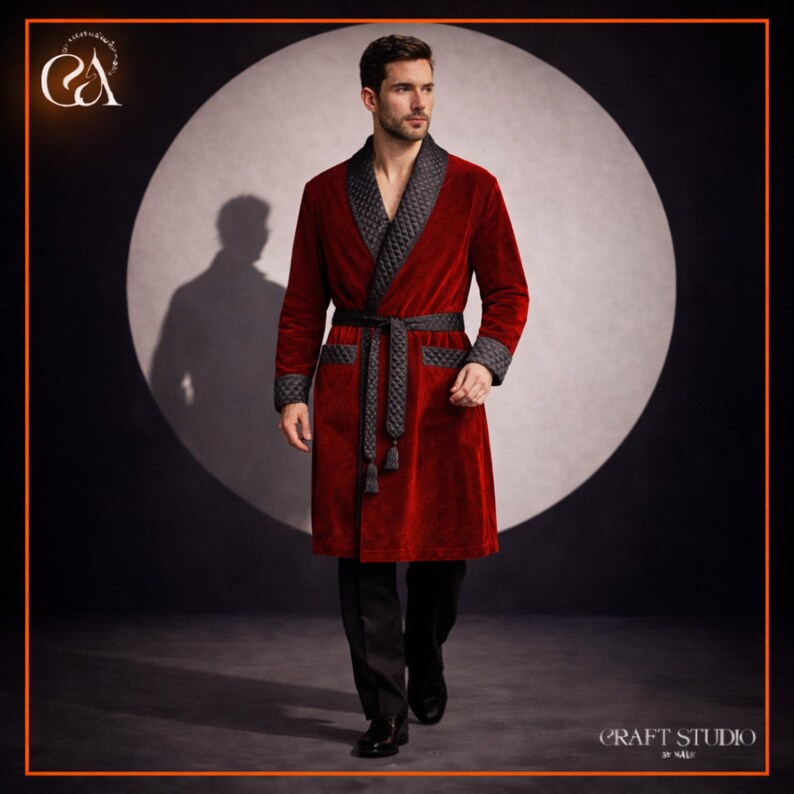 Handmade Red Velvet Smoking Robe With Quilted Collar - Etsy