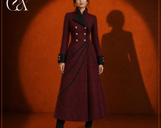 Burgundy Wool Coat, Women’s Long Statement Winter Coat