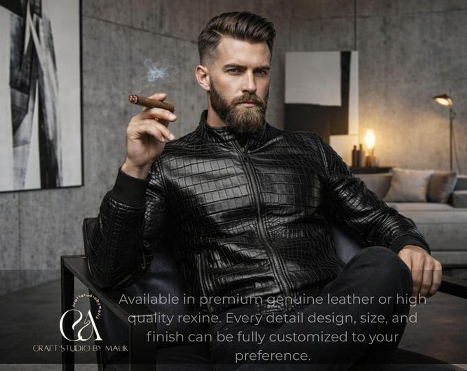 Men’s Crocodile Embossed Leather Jacket Black Biker Style